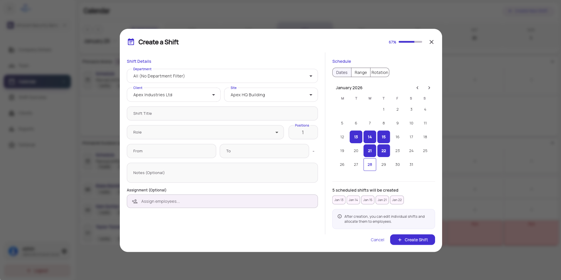 Shift creation interface